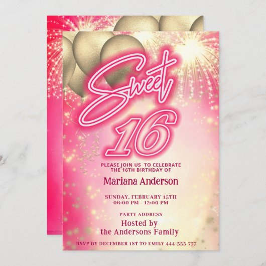 Coole Rosa Neonballon Funkfeuerwerk Einladung (Vorne/Hinten)