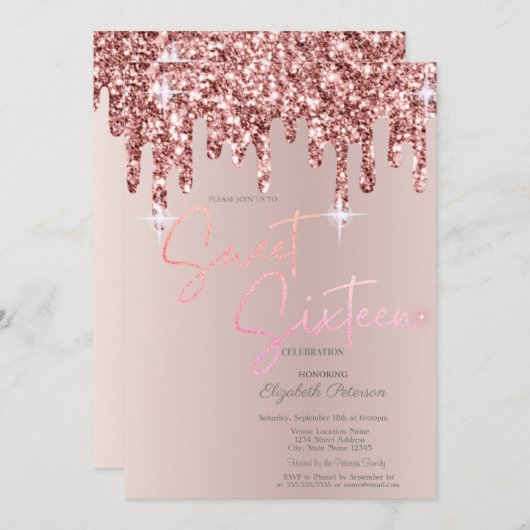 Coole Rose Gold Glitzer Tropfen Rosa Sweet 16 Einladung (Vorne/Hinten)