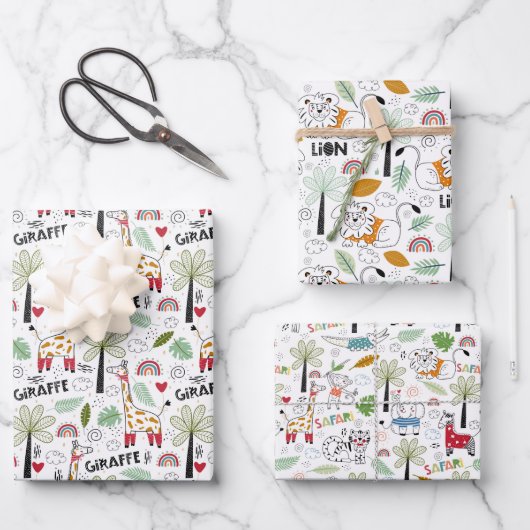 coole Safari-Dschungeltiere gefliest Geschenkpapier Set (Vorderseite)