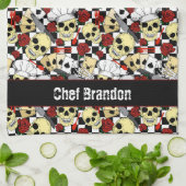 Coole Schädel mit Koch Hats Rote Rosen geprüft Geschirrtuch (Gefaltet)