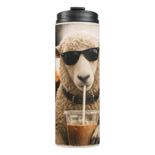 Coole Schafe, die eisgekühlten Kaffee trinken Thermosbecher