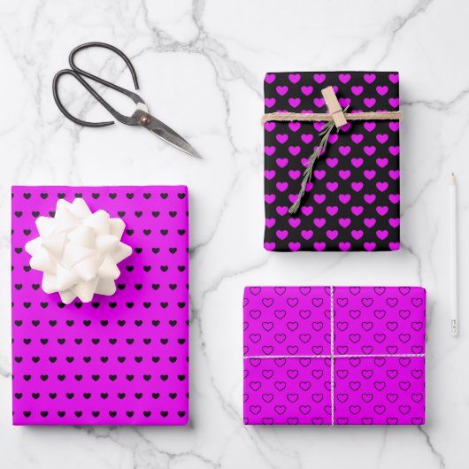 Coole Schwarz-Rosa-Farben - schönes Herz-Muster Geschenkpapier Set (Vorderseite)