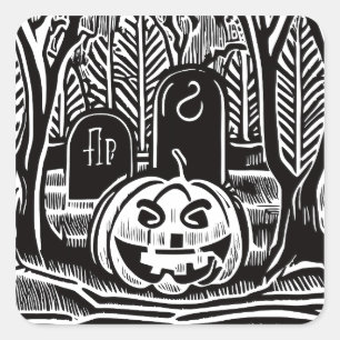 Coole Schwarz-Weiß-Halloween-Kürbis-Friedhofs-Kuns Quadratischer Aufkleber