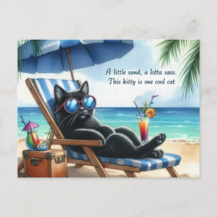 Coole schwarze Katze am Strand Postkarte