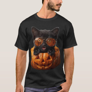 Coole schwarze Katze im Jack-o'-Lantern mit Sonnen T-Shirt