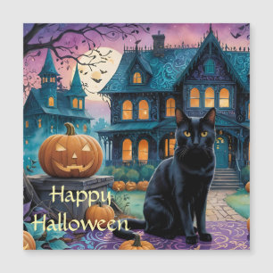 Coole Schwarze Katze, Kürbislaternen, Spooky House Magnetkarte
