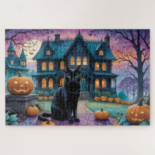 Coole Schwarze Katze, Kürbislaternen, Spooky House Puzzle