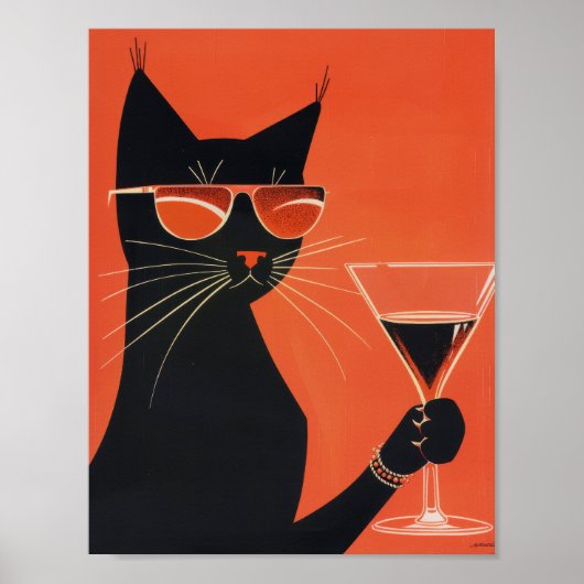 Coole Schwarze Katze mit Sonnenbrille Drinken aus  Poster (Vorne)