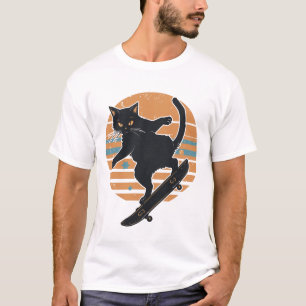 Coole schwarze Katze Skateboarder Retro 80er Sonne T-Shirt