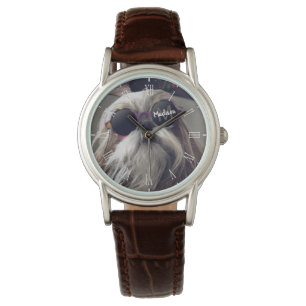 Coole Shih Tzu Vintage Retrobrille Foto Monogramm Armbanduhr