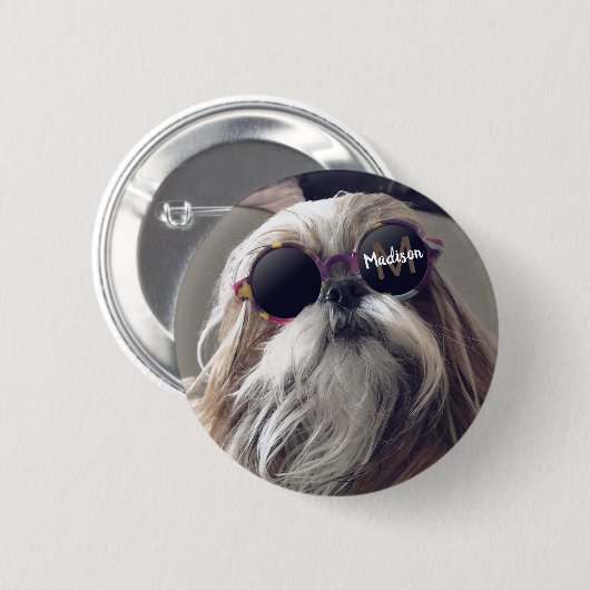 Coole Shih Tzu Vintage Retrobrille Foto Monogramm Button (Vorne & Hinten)