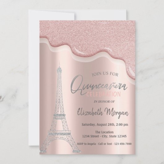 Coole Silver Glitzer Tropfen, Eiffelturm Quinceañe Einladung (Vorderseite)
