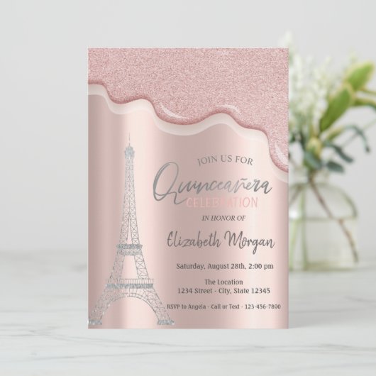 Coole Silver Glitzer Tropfen, Eiffelturm Quinceañe Einladung (Stehend Vorderseite)