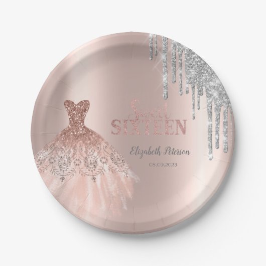 Coole Silver Glitzer Tropfen, Rose Gold Pappteller (Vorderseite)