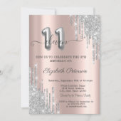 Coole Silver Tropfen Rose Gold 11. Geburtstag Einladung (Vorderseite)