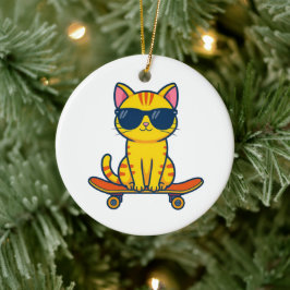 Coole Skateboarding-Katze mit Sonnenbrille Cartoon Keramik Ornament