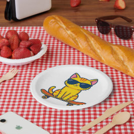Coole Skateboarding-Katze mit Sonnenbrille Cartoon Pappteller