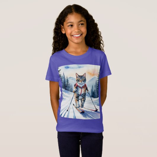 Coole Skipiste Katze Kitten Fun Wasserfarbe T-Shirt (Vorne ganz)