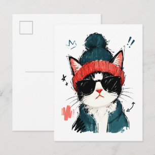 Coole Smoking-Katze mit Beanie und Sonnenbrille Postkarte