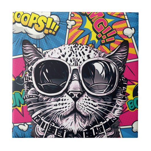 Coole Steampunk-Katze mit Sonnenbrille - Retro-Com Fliese (Vorderseite)