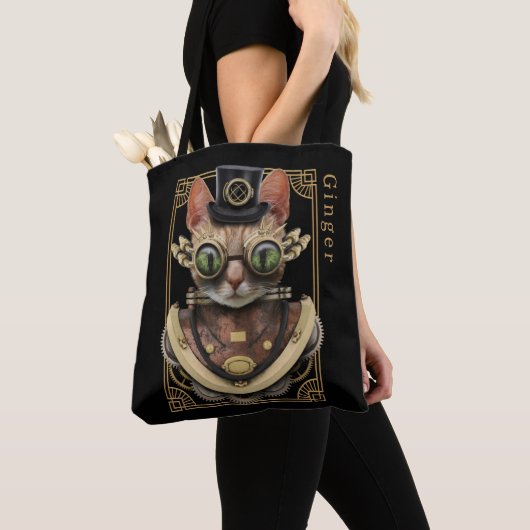 Coole Steampunk-Orange Tabby-Katze mit Namen Tasche (Von Nahem)