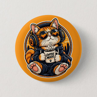 Coole Streetwear-Katze trinkt Kaffee Button