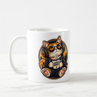 Coole Streetwear-Katze trinkt Kaffee Kaffeetasse