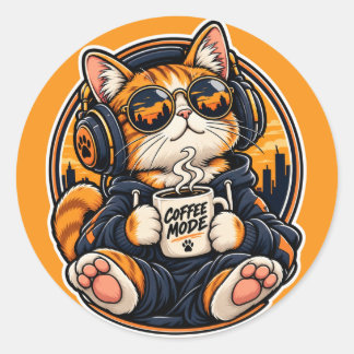 Coole Streetwear-Katze trinkt Kaffee Runder Aufkleber