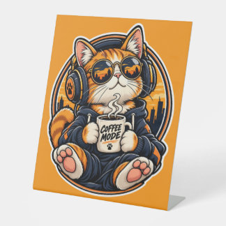 Coole Streetwear-Katze trinkt Kaffee Sockelschild