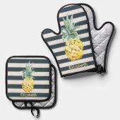 Coole tropische Ananas Blaue Streifen Ofenhandschuh & Topflappen-Set (Vorderseite/Rückseite)