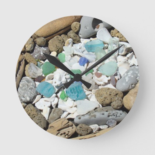 Coole Uhren, Sea Glass Seashells Fossils Driftwood Runde Wanduhr (Vorderseite)