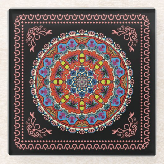 Coole und farbenfrohe Gerahmte Mandala-Muster Glasuntersetzer (Vorderseite)