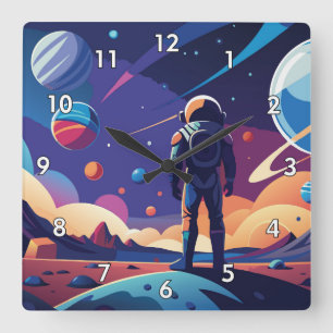 Coole und farbenfrohe Kinder Spaceman Cartoon Quadratische Wanduhr