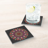 Coole und farbenfrohe Mandala-Blumenmuster Glasuntersetzer (Schrägansicht)