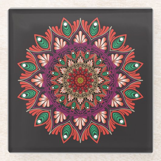 Coole und farbenfrohe Mandala-Blumenmuster Glasuntersetzer (Vorderseite)