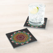 Coole und farbenfrohe Mandala-Blumenmuster Glasuntersetzer (Schrägansicht)
