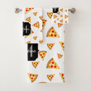 Coole und lustige Pizzaslicmuster Monogramm weiß Badhandtuch Set