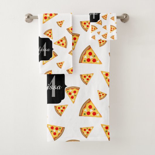 Coole und lustige Pizzaslicmuster Monogramm weiß Badhandtuch Set (Insitu)