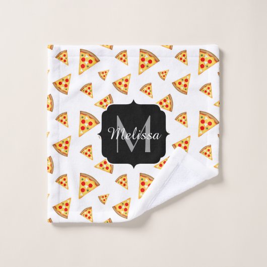 Coole und lustige Pizzaslicmuster Monogramm weiß Badhandtuch Set (Waschlappen)