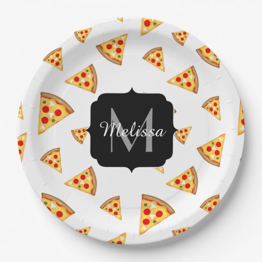 Coole und lustige Pizzaslicmuster Monogramm weiß Pappteller (Vorderseite)