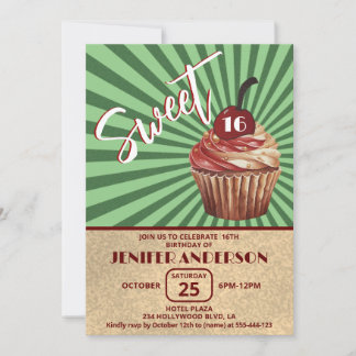 Coole Vintage Cupcake Typografie süß 16 Einladung
