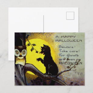 coole vintage Halloween schwarze Katze Eule Feiertagspostkarte