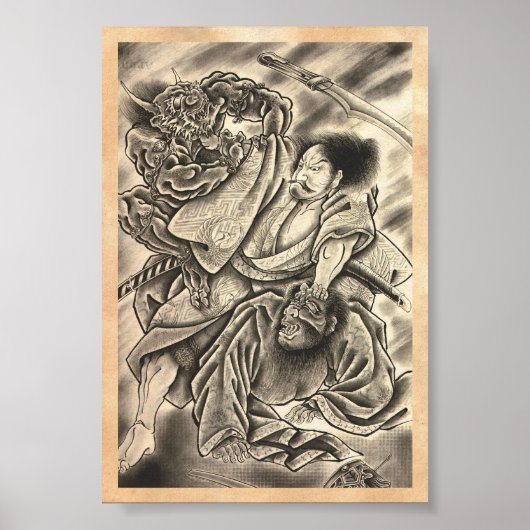 Coole Vintage japanische Samurai Dämon Kampf Tatto Poster (Vorne)