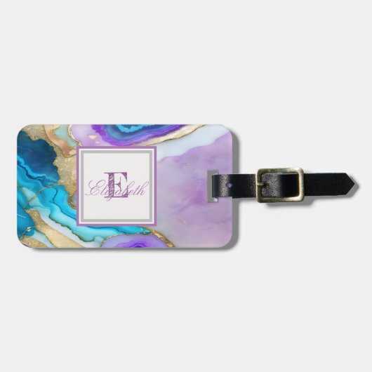 Coole violette blaue Marmortextur, Monogramm Gepäckanhänger (Vorderseite horizontal)