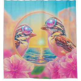 Coole Vögel mit Sonnenbrille bei Sonnenuntergang Duschvorhang