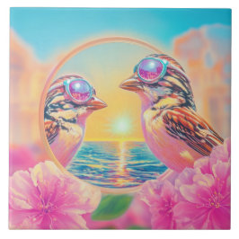 Coole Vögel mit Sonnenbrille bei Sonnenuntergang Fliese