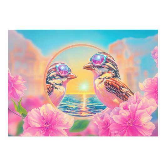 Coole Vögel mit Sonnenbrille bei Sonnenuntergang Fotodruck (Vorne)