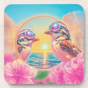 Coole Vögel mit Sonnenbrille bei Sonnenuntergang Getränkeuntersetzer