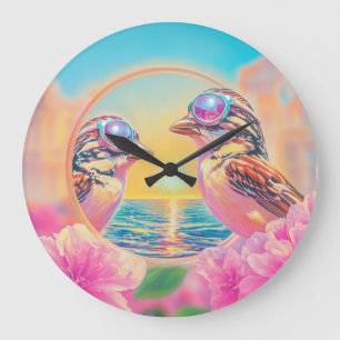Coole Vögel mit Sonnenbrille bei Sonnenuntergang Große Wanduhr