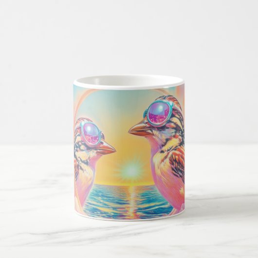 Coole Vögel mit Sonnenbrille bei Sonnenuntergang Kaffeetasse (Mittel)